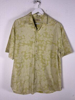 Tommy Bahama Mens Green Plaid Floral Short Sleeve Button-Up Shirt Large Cotton
